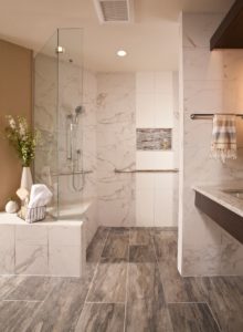 Walk-in shower, benches, grab bars
