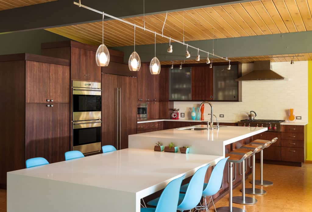 Kitchen island with attached table.