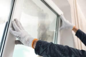 A person wearing gloves installing a low-e window.