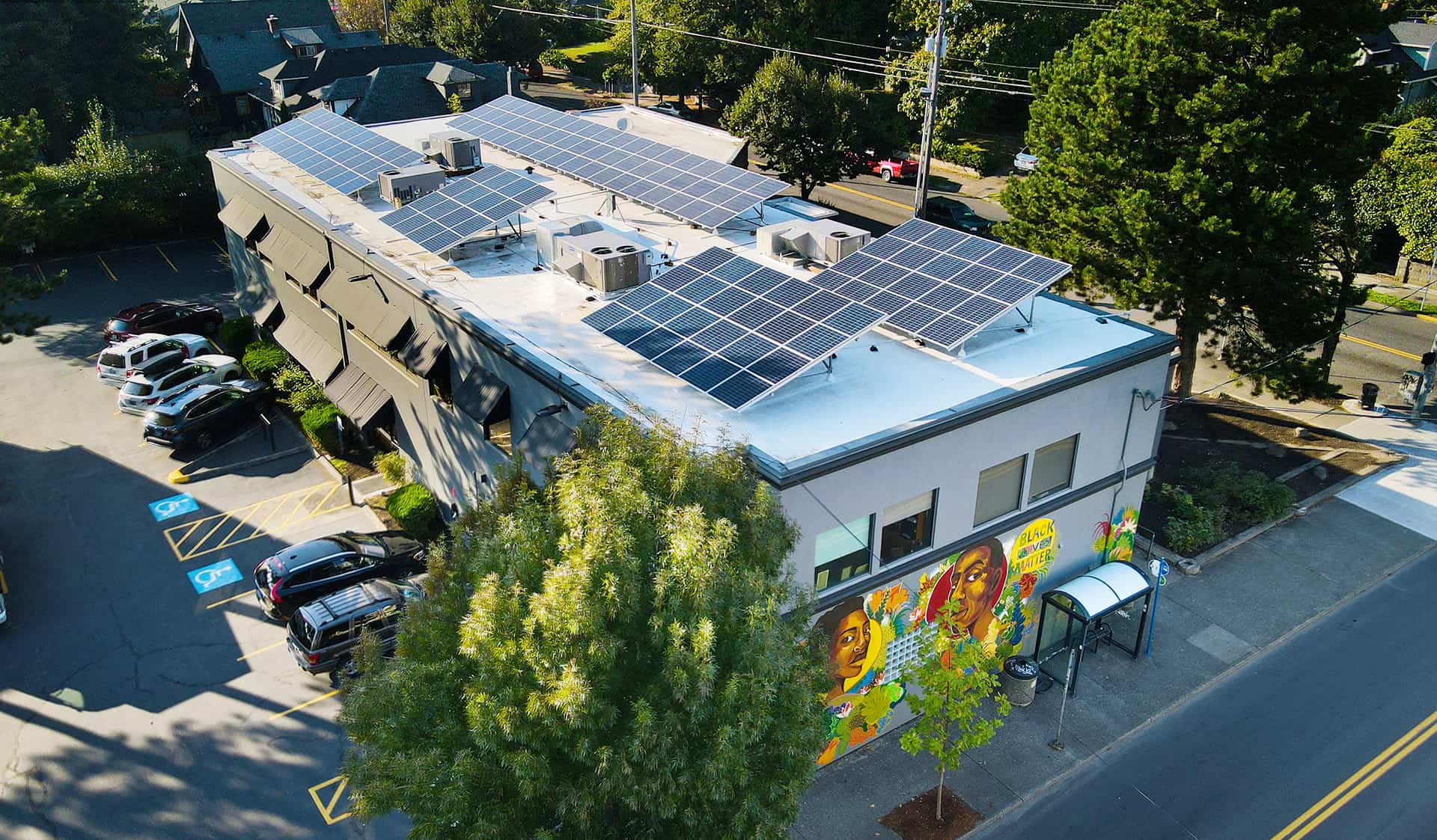 Solar panels on the roof at Neil Kelly's headquarters in Portland, Oregon
