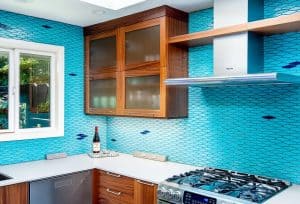 Patterned light blue kitchen wall color in home design