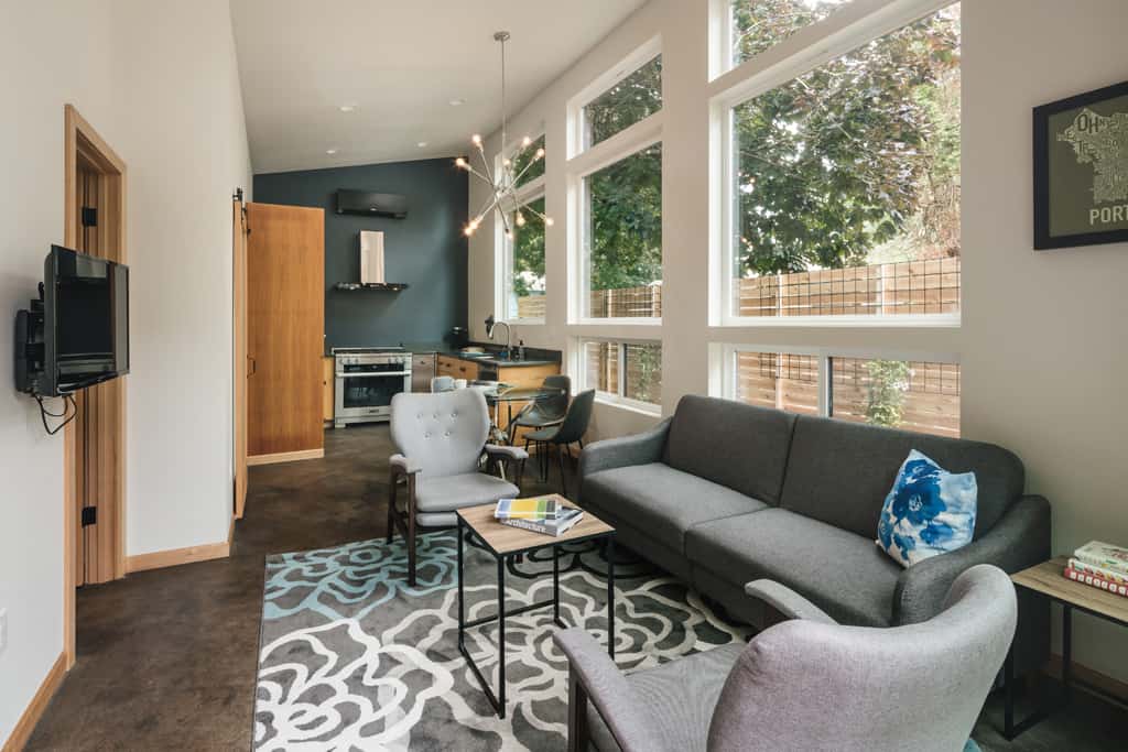 Open floor plan living space with natural light in Portland