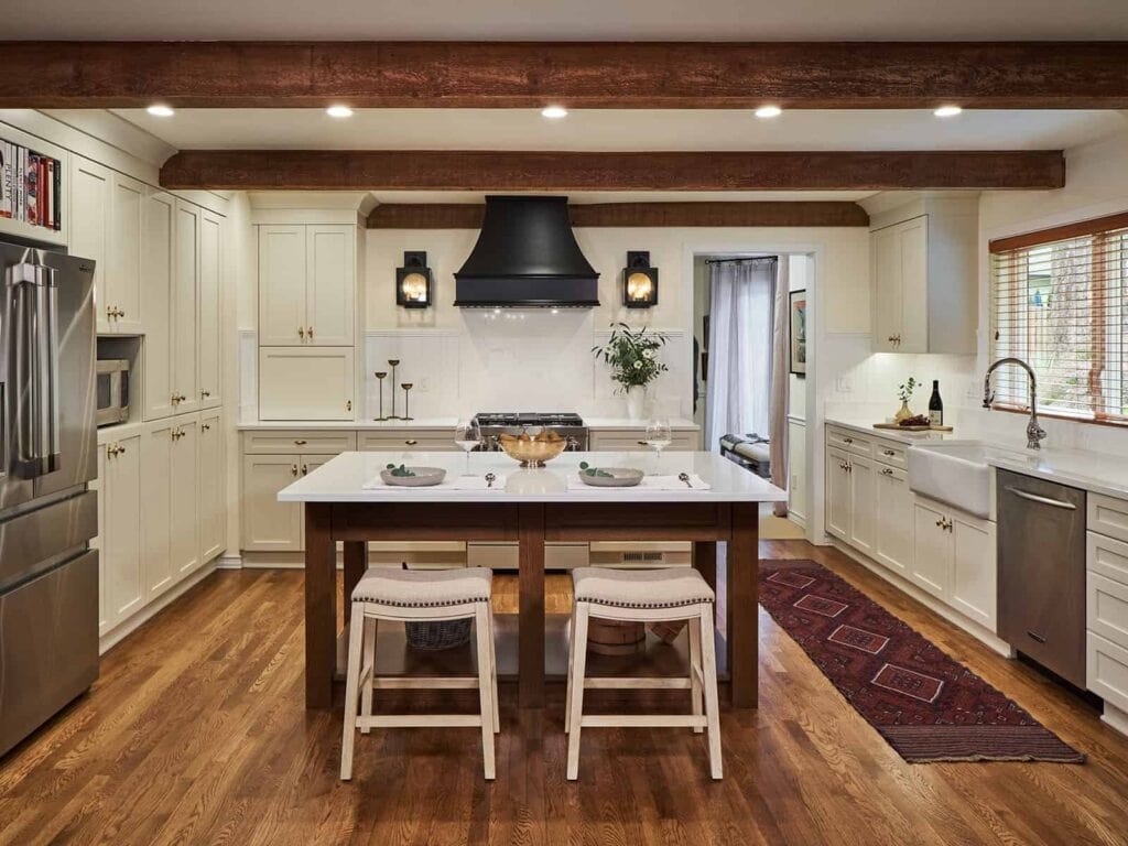New England inspired kitchen remodel including large island with seating.