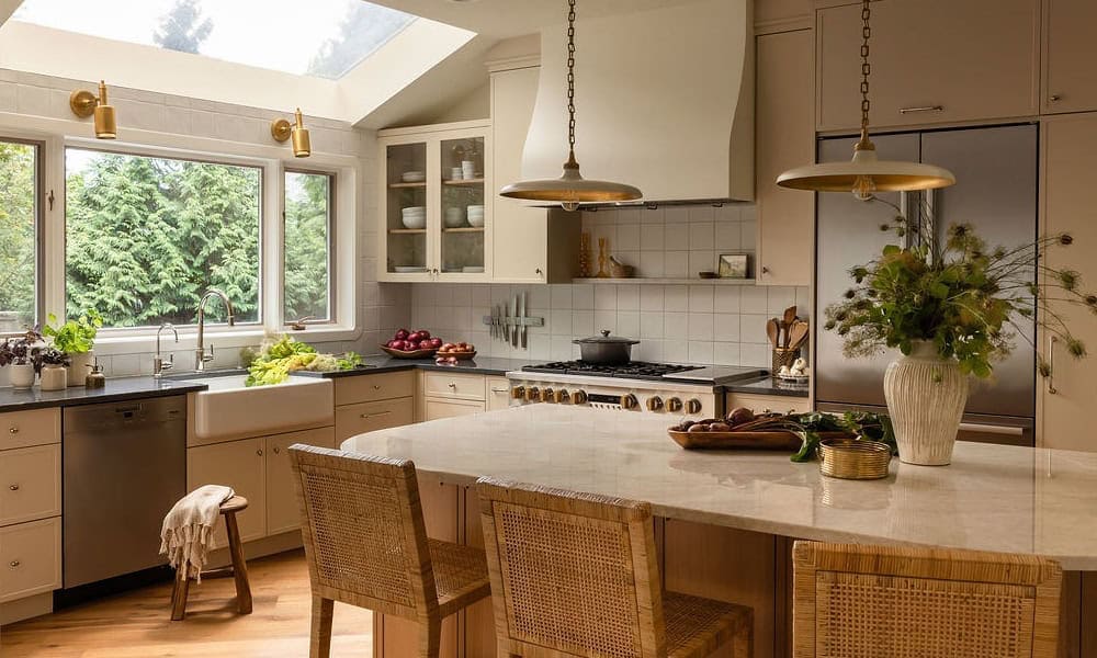 Kitchen with a large island, stainless appliances, and a skylight filling the space with natural light..