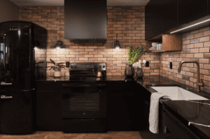 dark kitchen with brick tile