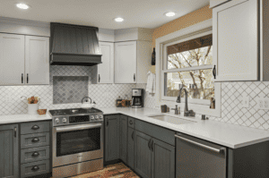 kitchen with green cabinets and white tile