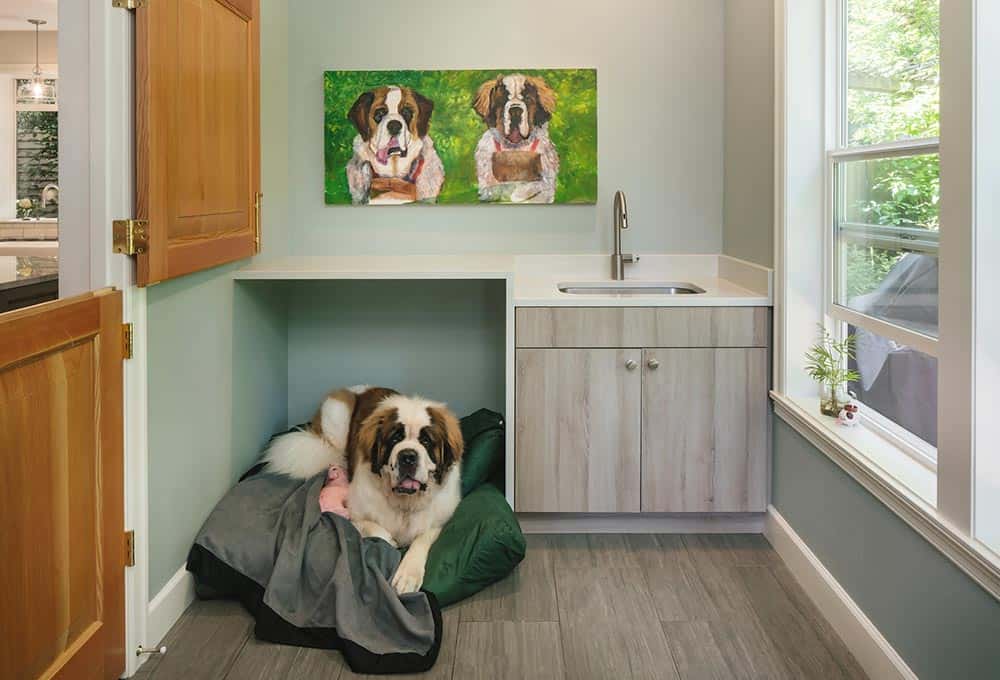 Bottom-story mudroom addition with room for dog bed