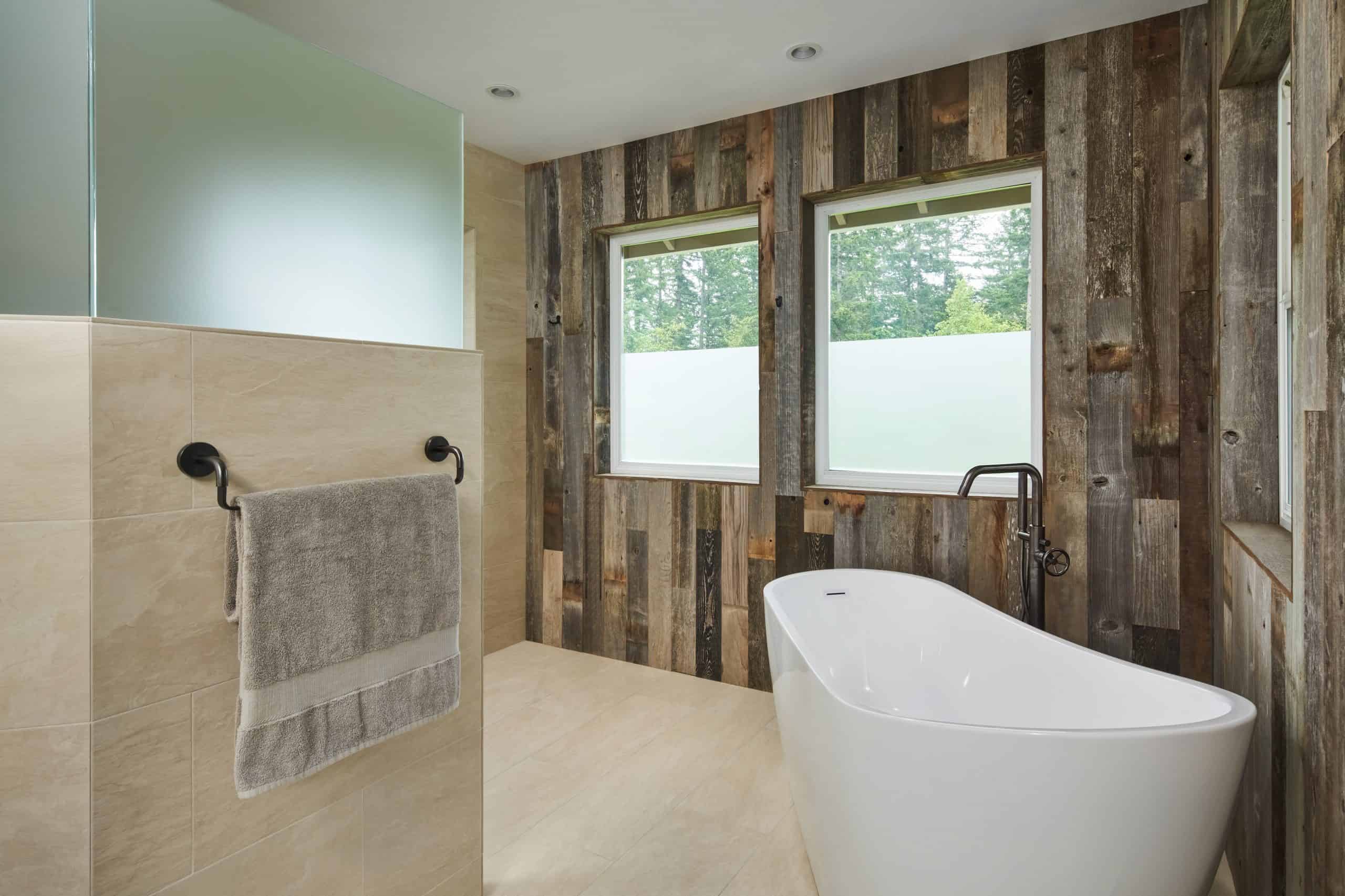 Bathroom remodel includes biophilic design with wood wall cladding