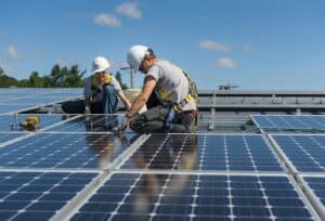 Two contractors installing solar panels on building