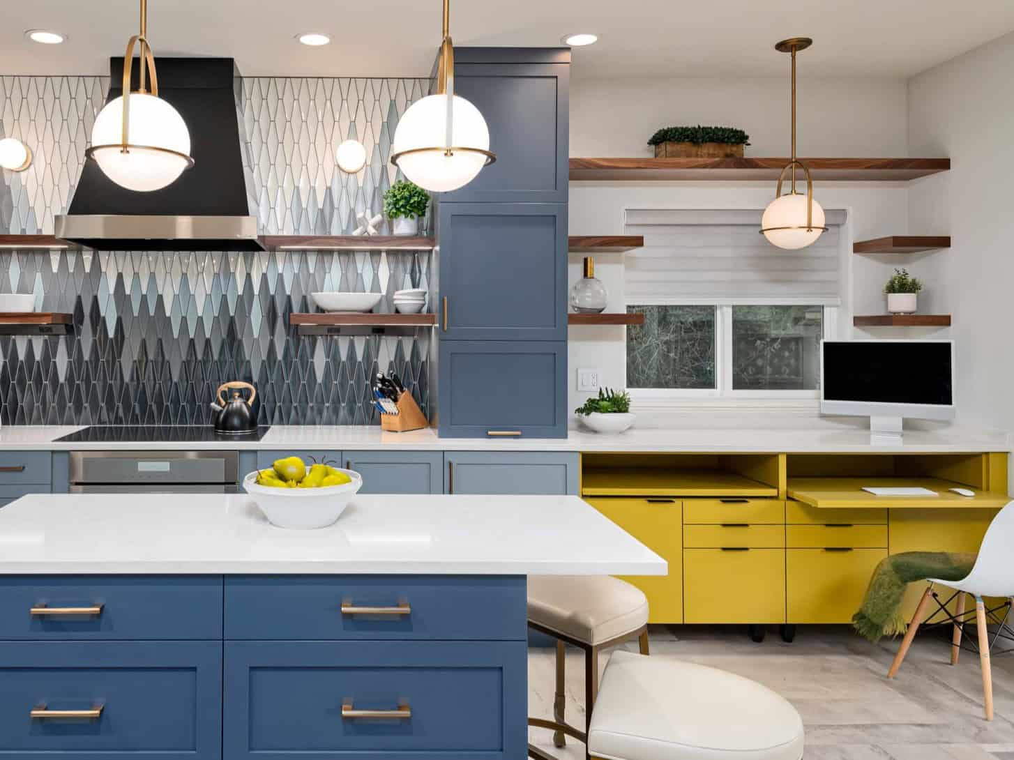 A kitchen and desk area accommodate hybrid work-life balance