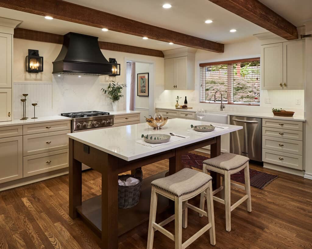 New England inspired kitchen remodel including large island with seating.