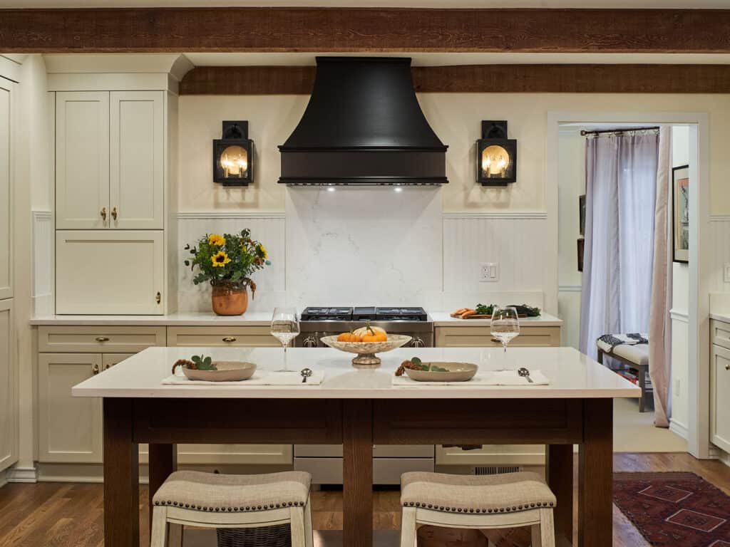 New England inspired kitchen remodel including large island with seating.