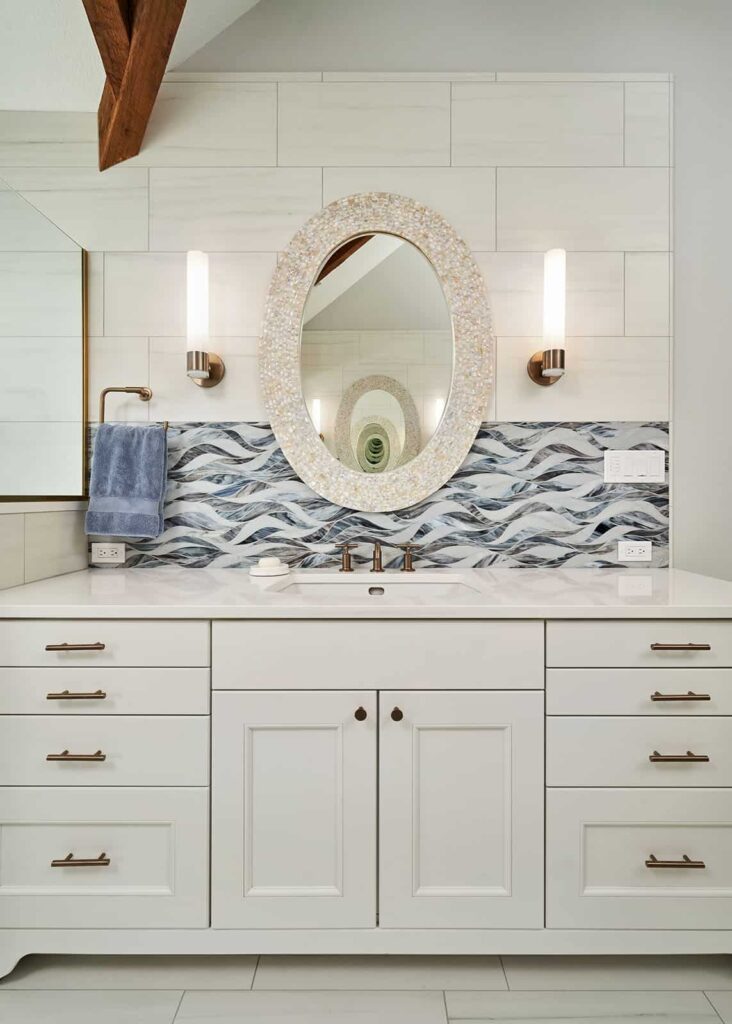 Vancouver Primary Bath and Wetroom including vanity with custom backsplash and expansive counter space.