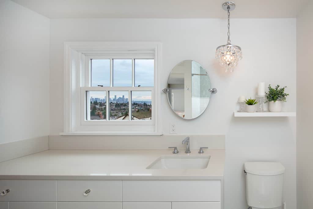 Guest / Kids bath: Also features view of Seattle in window.