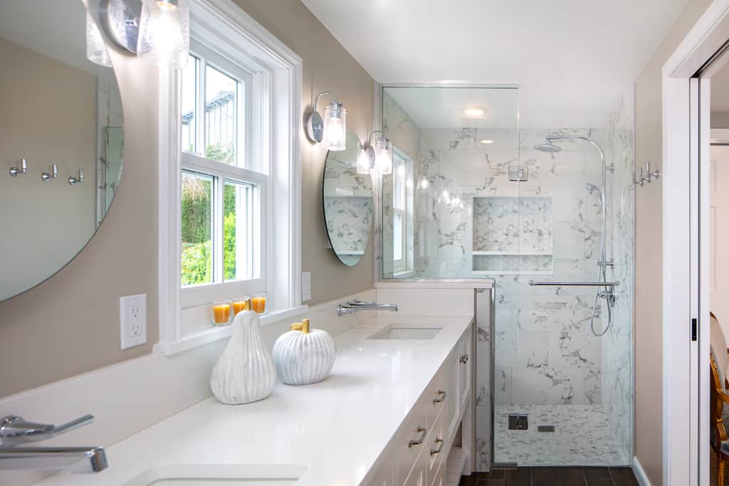 View of primary bath showing walk-in shower.