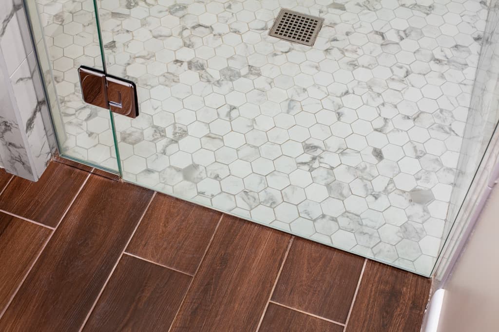 Primary bath: Curbless shower with high contrast entry for easy visibility.