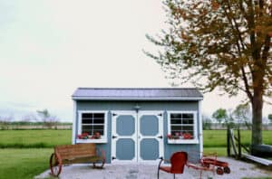 blue shed in a backyard.