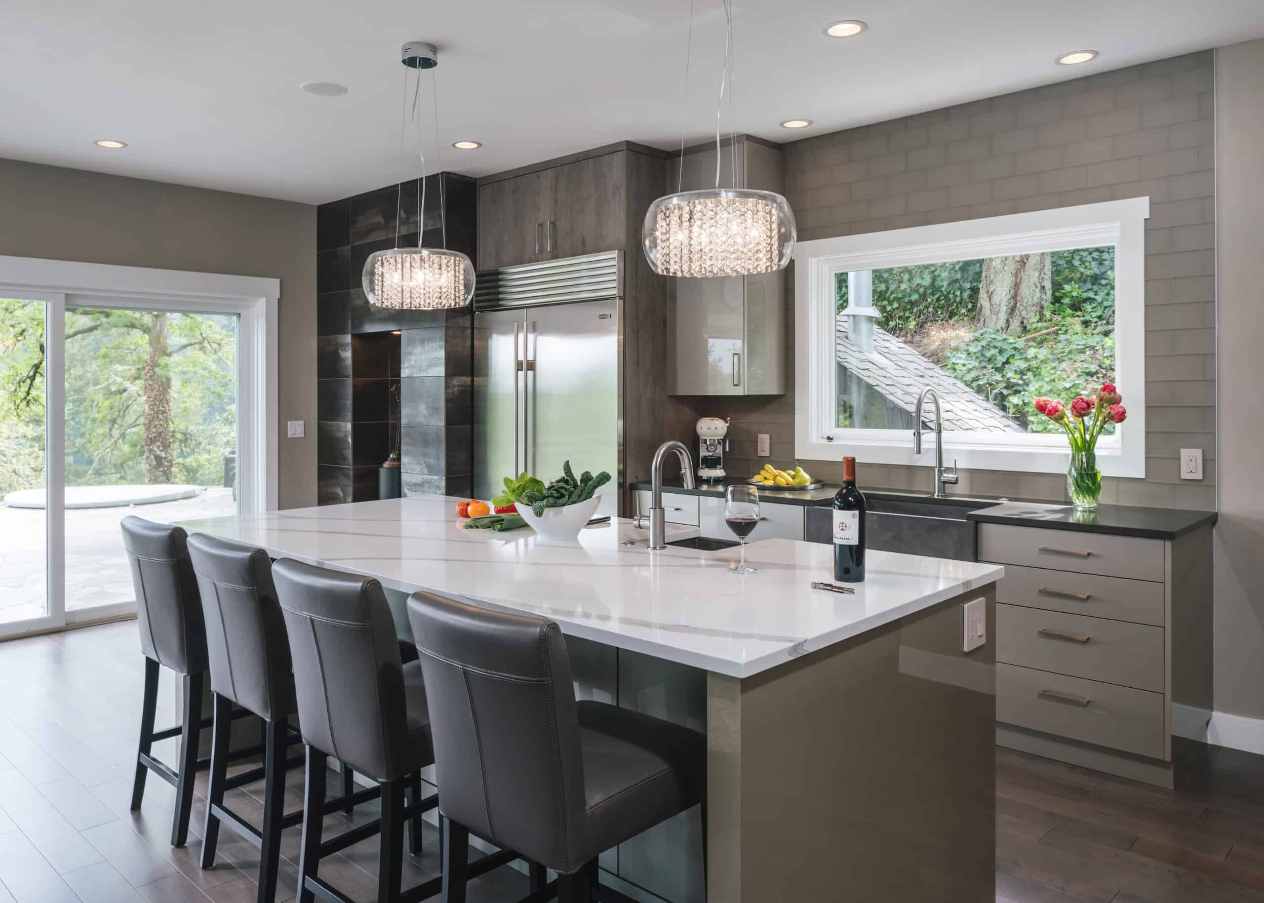An open floor plan kitchen design in a Lake Oswego home remodel