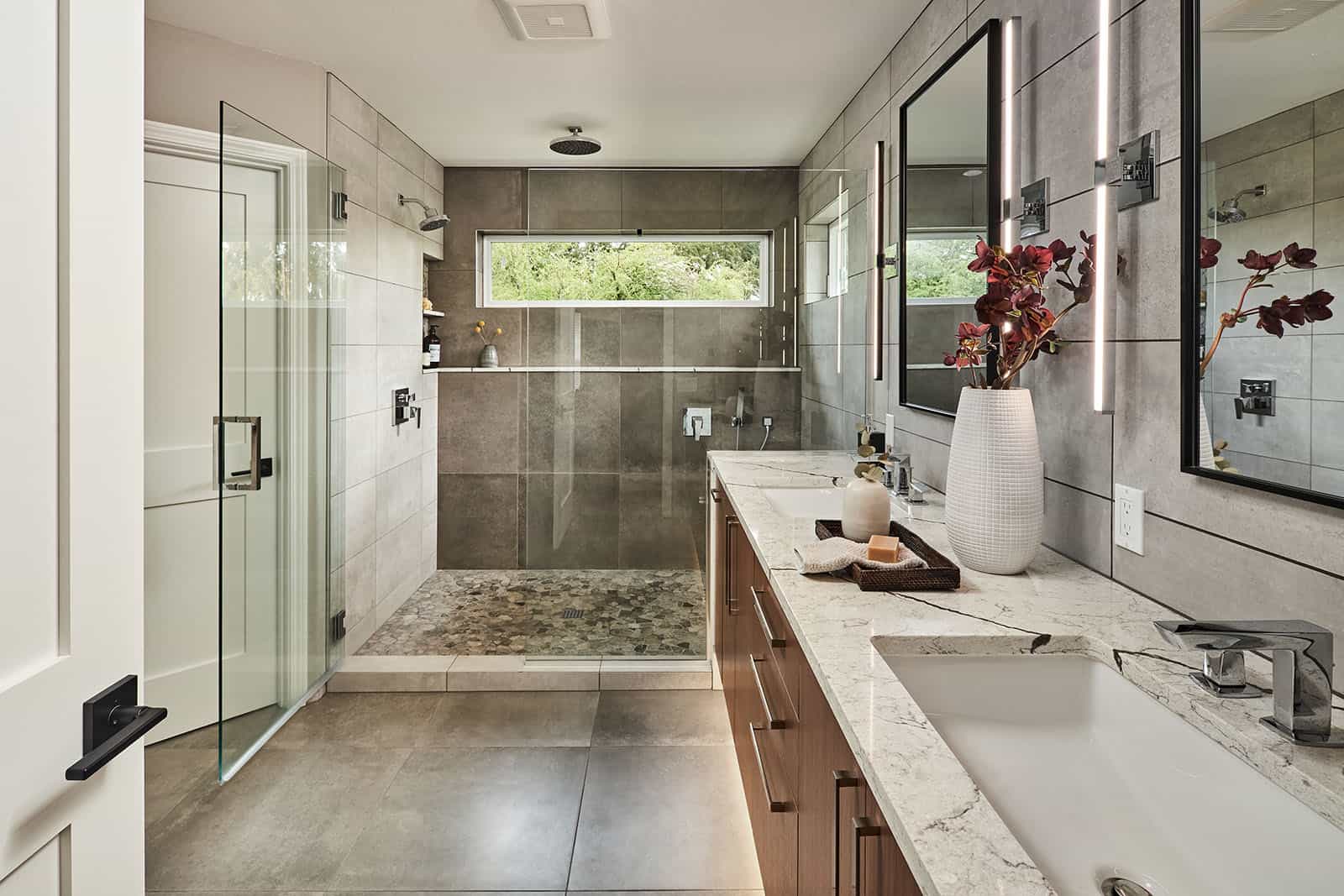 A bathroom remodeling project in beaverton, oregon with earth tones and a spa-like feel
