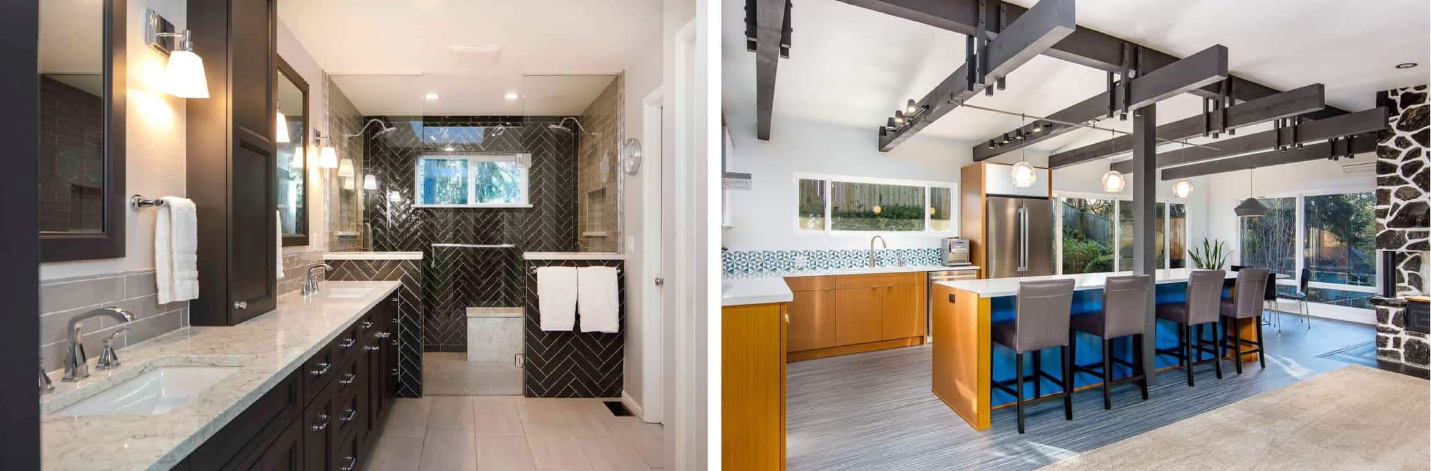 Remodeled bathroom and a remodeled kitchen in Seattle.
