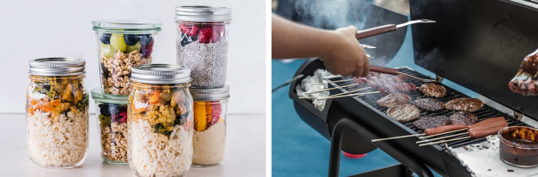 Prepped meals in six mason jars and a person grilling hamburgers and hot dogs.