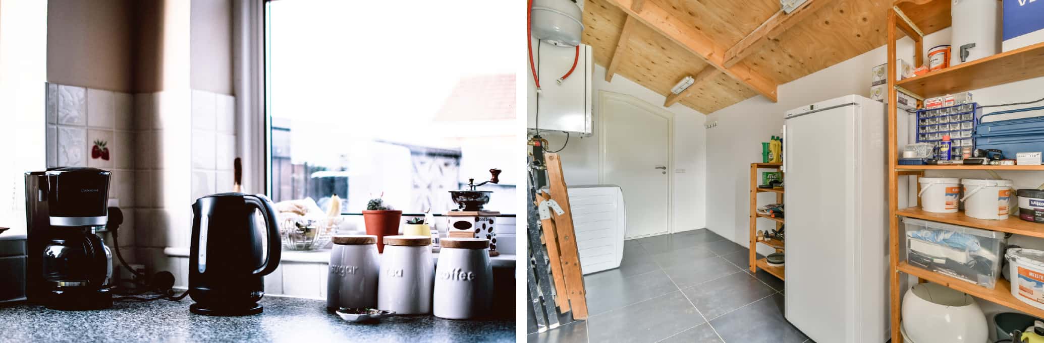 Coffee and water heater on a countertop and a refrigerator in a garage.