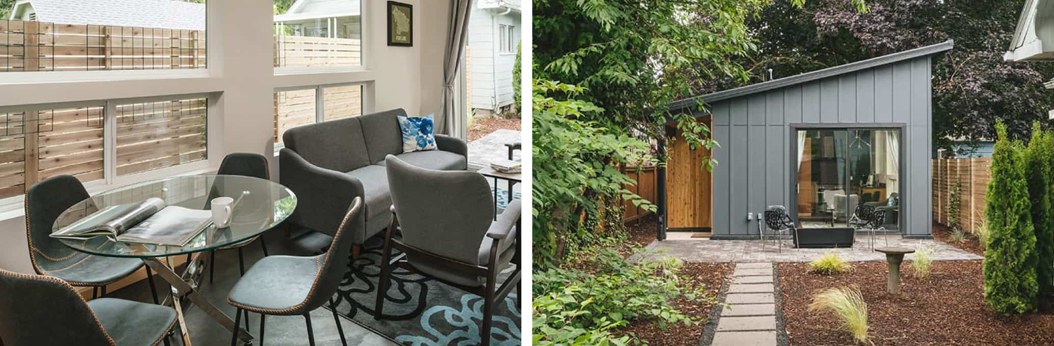 split image showing the interior of an accessory dwelling unit next to an image of the exterior of the building