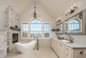 Bathroom with a large bay window.