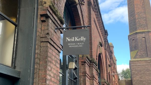 The Neil Kelly sign at the Seattle Design Center within the Old Rainier Building in Georgetown.