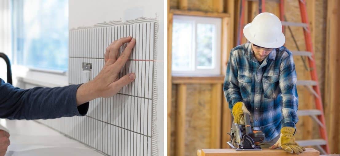 A person inspecting white kitchen backsplash and a construction worker cutting a wood stud.