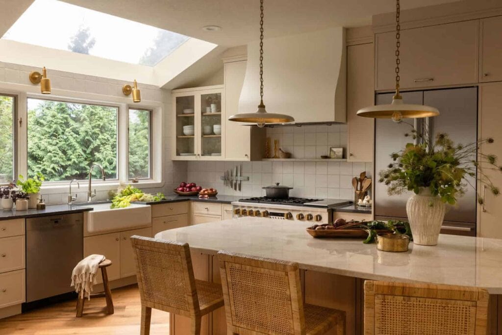 A bright, airy kitchen with a large central island, skylights, white cabinetry, stainless appliances, and flowers on the counter.
