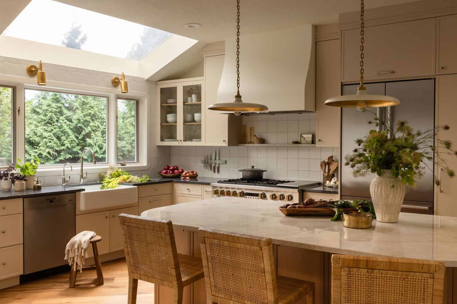 A bright, airy kitchen with a large central island, skylights, white cabinetry, stainless appliances, and flowers on the counter.