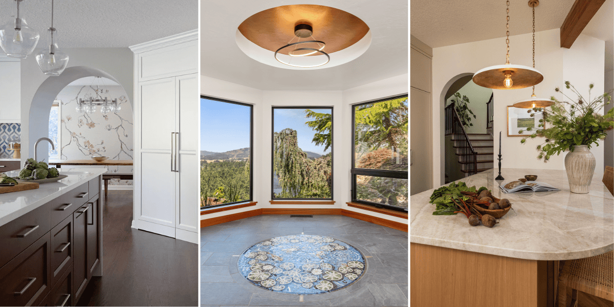 Three remodeled home interiors featuring arches and curves