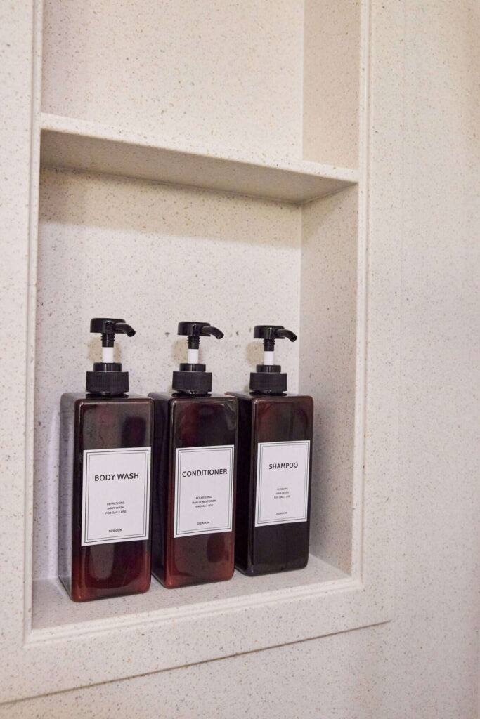 A shampoo niche in a remodeled guest bathroom in southwest Portland