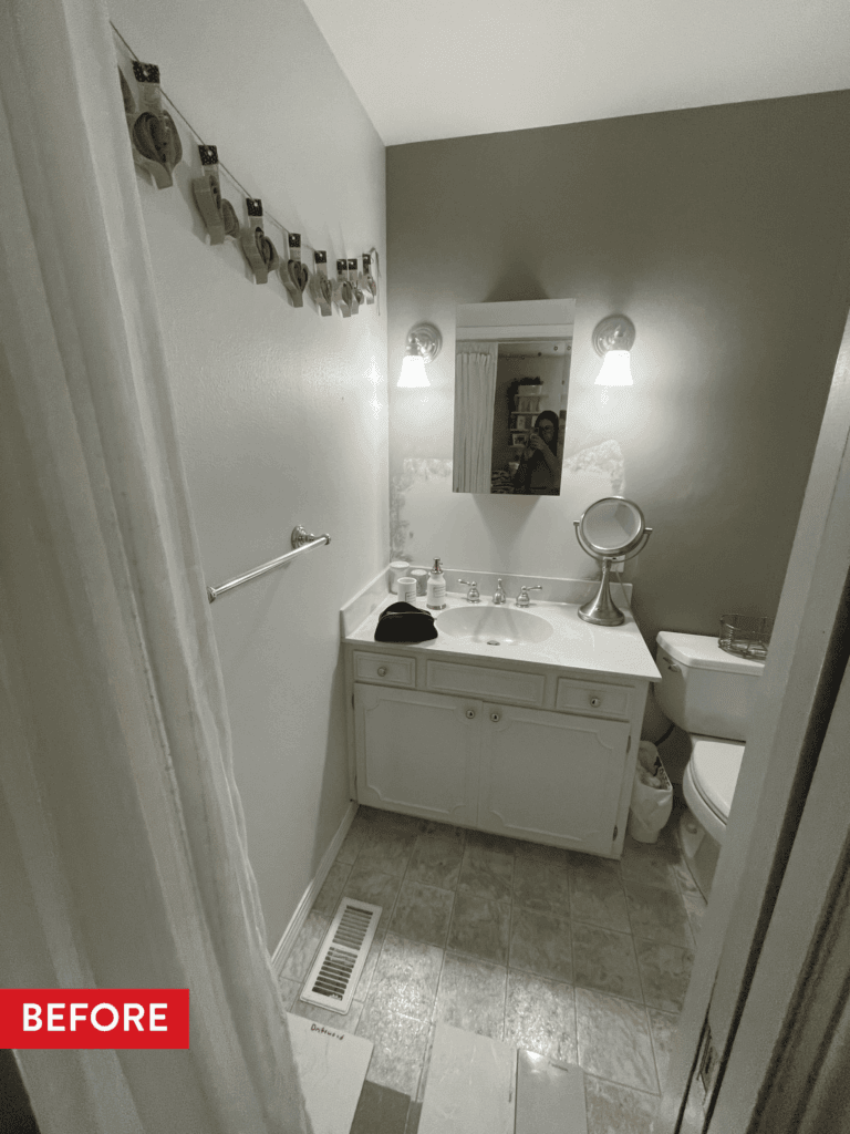 An outdated and partially repaired bathroom before remodeling