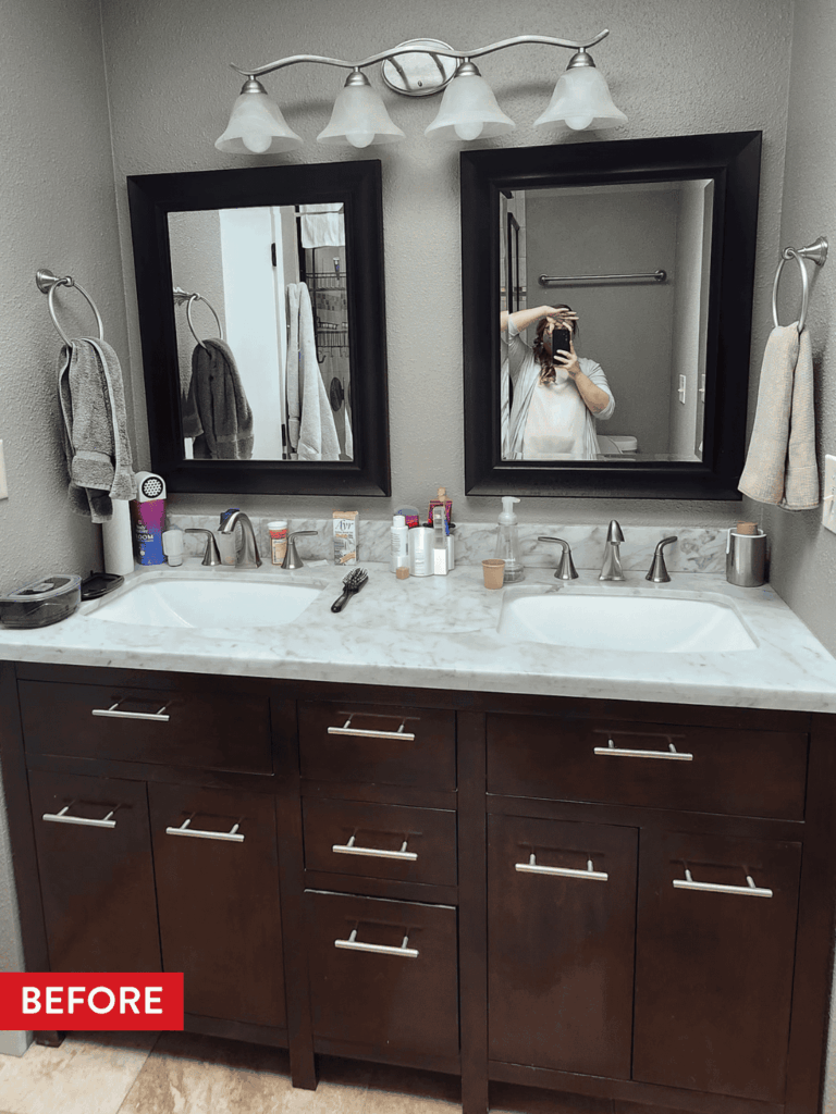 A cramped primary bathroom before remodeling