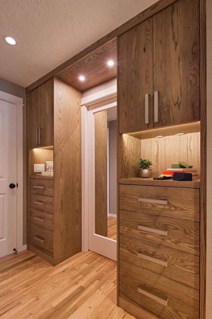 A remodeled mid-century inspired primary closet