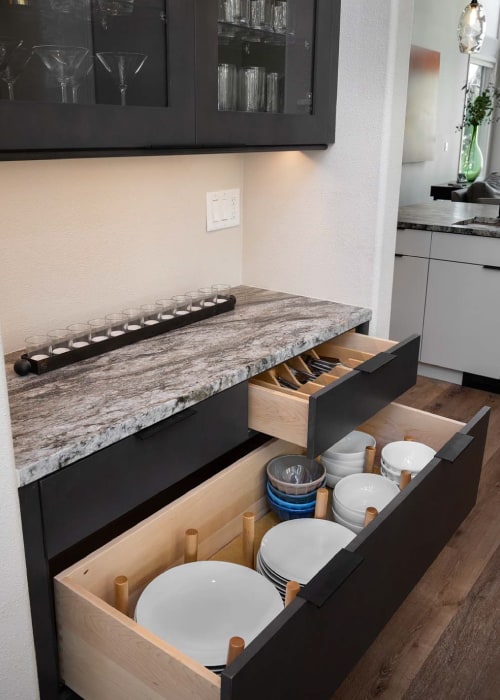 Dish organizer drawer with dark-stained cabinets under a granite countertop.