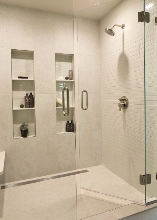 Shower with glass doors and built-in shelving.