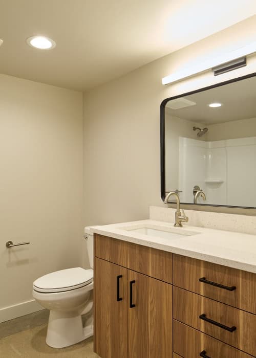Half-bath with built-in cabinets, large mirror, and recessed lighting.