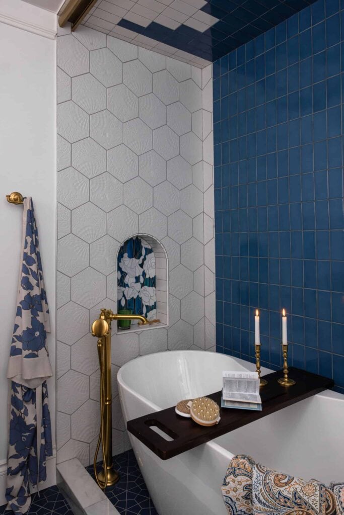 The freestanding tub in the remodeled primary bathroom