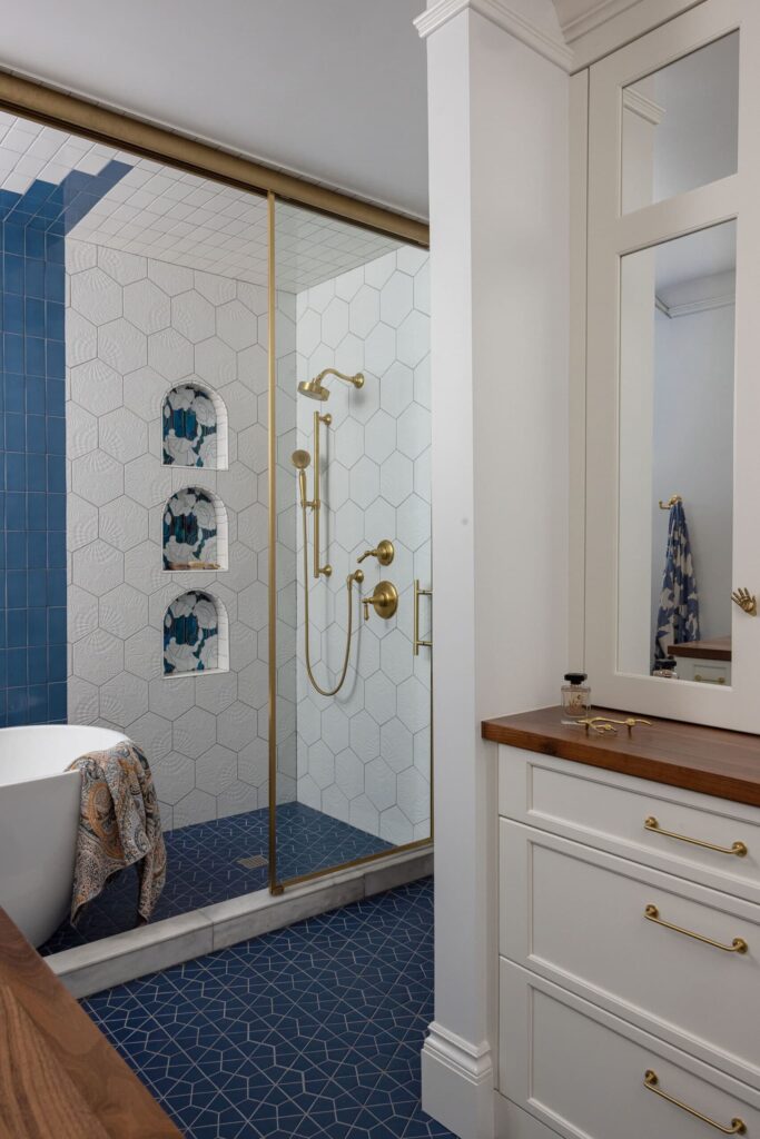 The shower of the remodeled primary bathroom