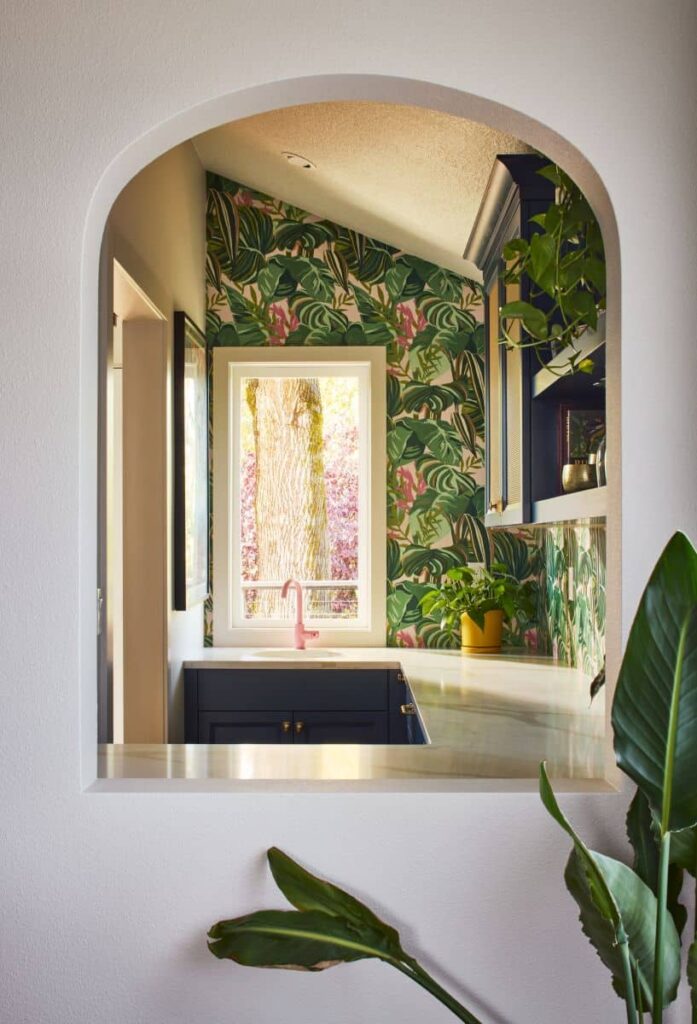 looking into the pantry through an arched opening