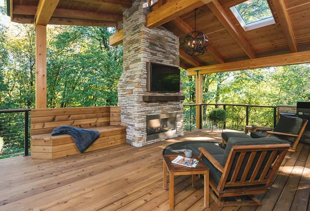 Custom-built storage bench in outdoor entertaining space
