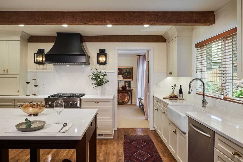 New England inspired kitchen remodel including large island with seating.