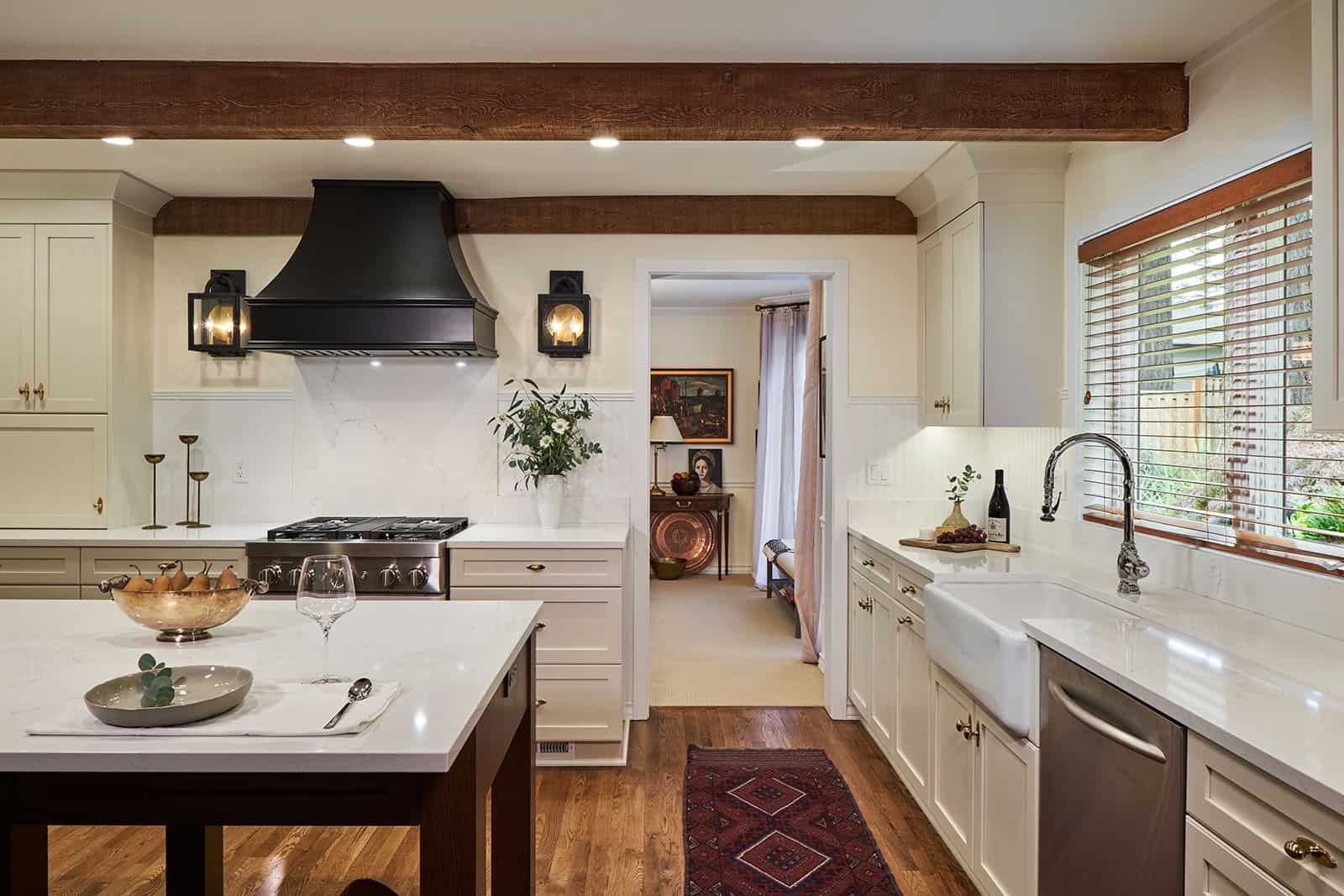 New England inspired kitchen remodel including large island with seating.