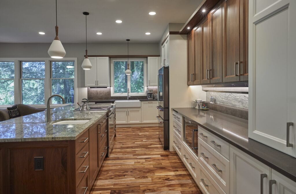 The kitchen from the living room, showing how the two spaces now open to one another.