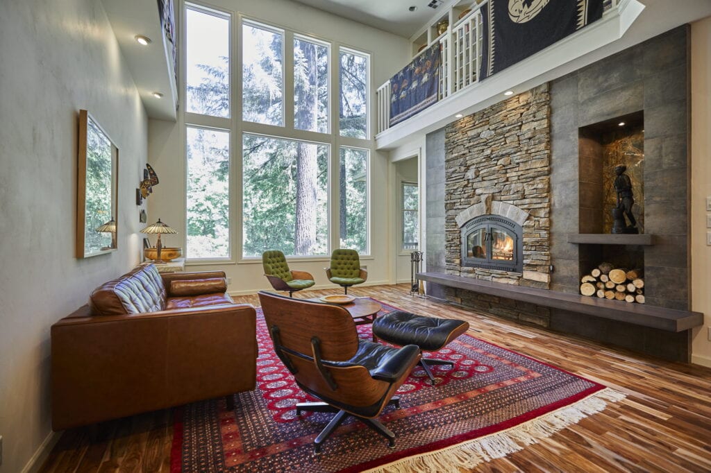 Seating area beside the fireplace.