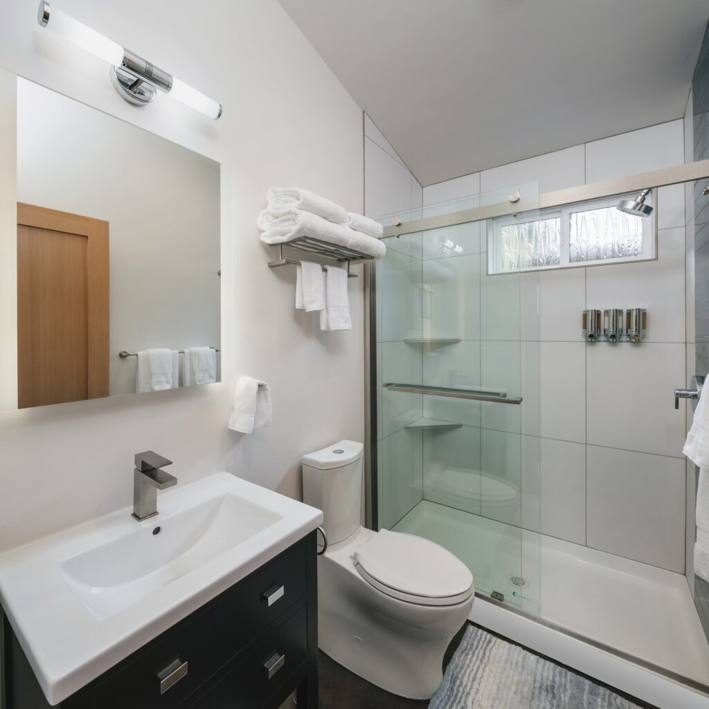 Bathroom with vanity, toilet, and glass shower.