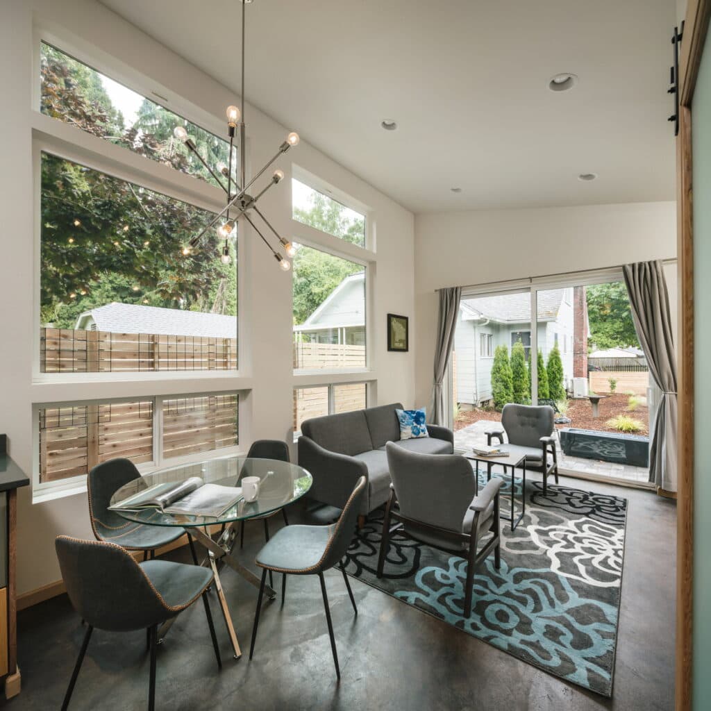 Dining table and living seating from the kitchen.